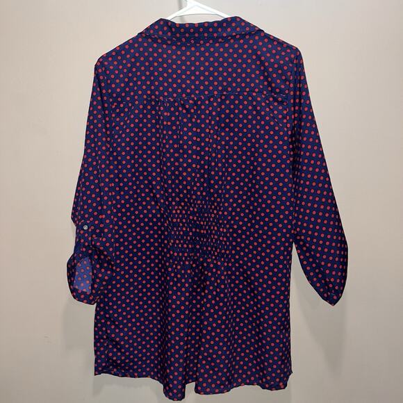 Blouse Top Women’s 1x Navy Red Polka Dot Pleats Preppy Flowy Colorful Capsule - Picture 9 of 14